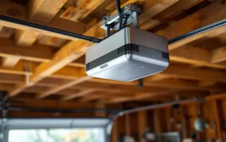 Smart garage door opener mounted to ceiling with electrical conduit and smartphone control capability