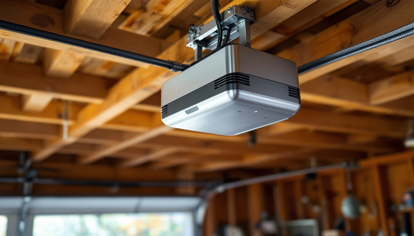 Smart garage door opener mounted to ceiling with electrical conduit and smartphone control capability