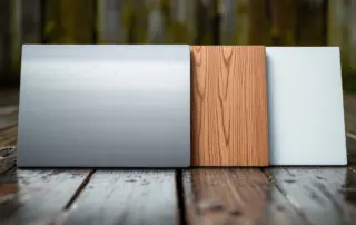 Four garage door material samples showing steel, wood, aluminum, and fiberglass textures with raindrops