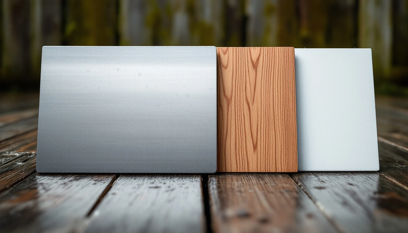 Four garage door material samples showing steel, wood, aluminum, and fiberglass textures with raindrops