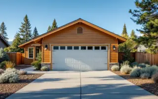 Central Oregon home with restored garage door after wildfire recovery showing renewed curb appeal