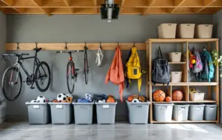 Organized garage with bikes mounted on wall hooks, plain storage bins, and sports equipment on wooden shelves