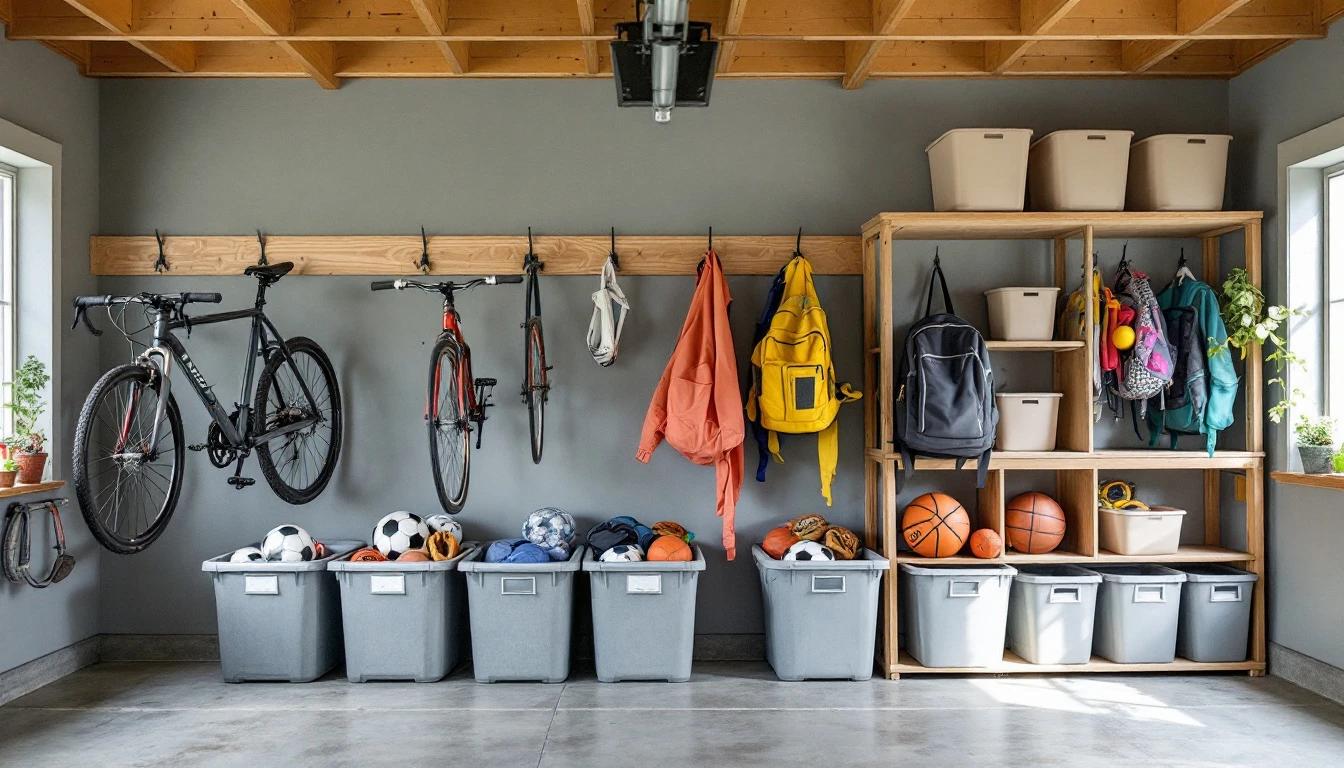 Organized garage with bikes mounted on wall hooks, plain storage bins, and sports equipment on wooden shelves