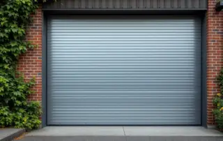 Technician inspecting commercial garage door hardware during late summer maintenance check