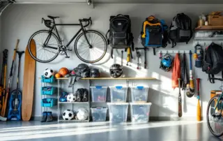 Organized garage with bikes mounted on wall and sports equipment stored in clear bins on shelving