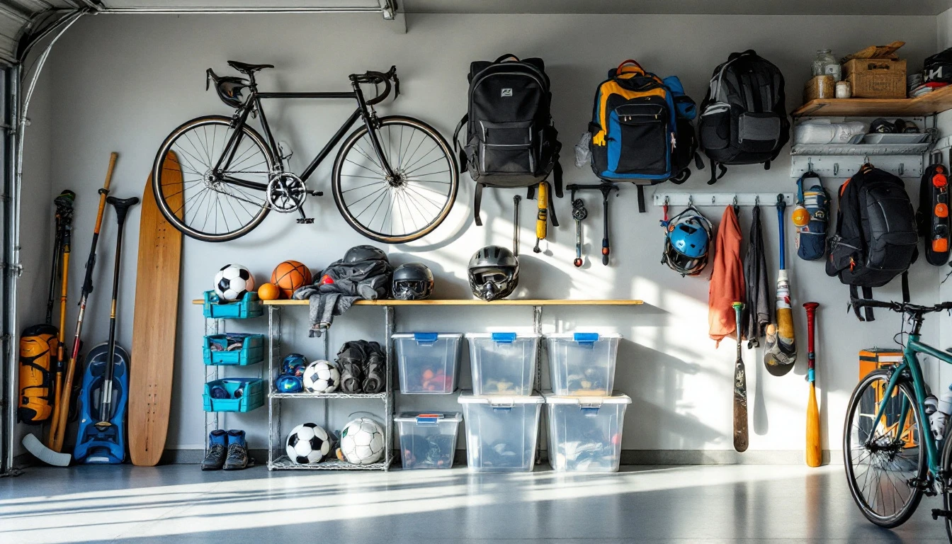 Organized garage with bikes mounted on wall and sports equipment stored in clear bins on shelving