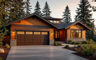 Modern Portland-area home with new espresso brown garage door in warm golden hour lighting