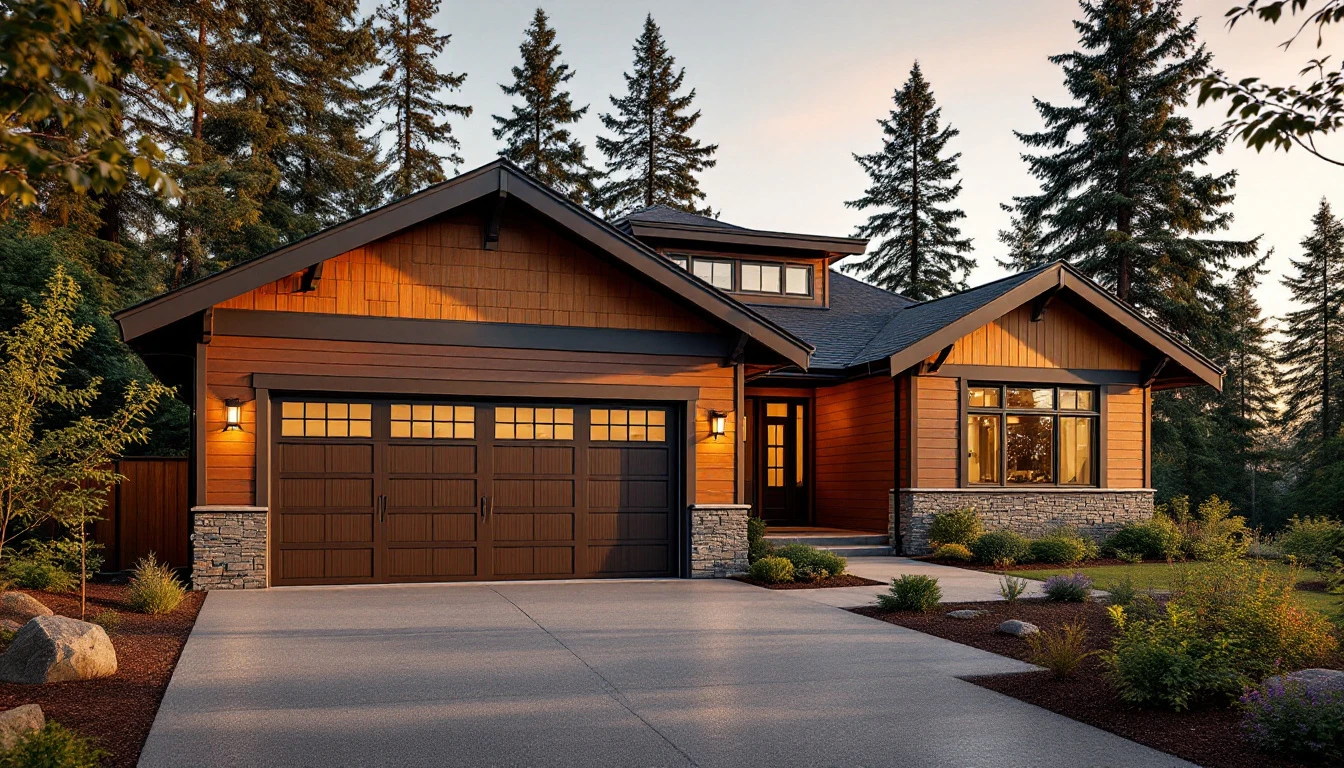 Modern Portland-area home with new espresso brown garage door in warm golden hour lighting
