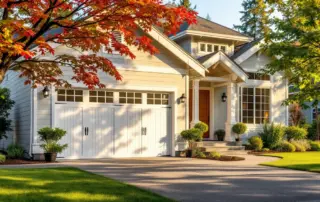 Craftsman home with new white garage door in Portland neighborhood during late summer
