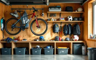 Organized garage storage with bicycles, sports equipment, and school supplies on wall-mounted shelving