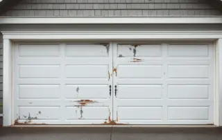 Garage door with damaged center panels contrasted against intact surrounding panels