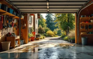 Open garage door on summer afternoon showing heat buildup and ventilation challenges in Portland home