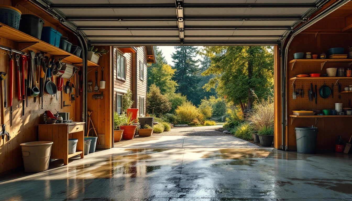 Open garage door on summer afternoon showing heat buildup and ventilation challenges in Portland home