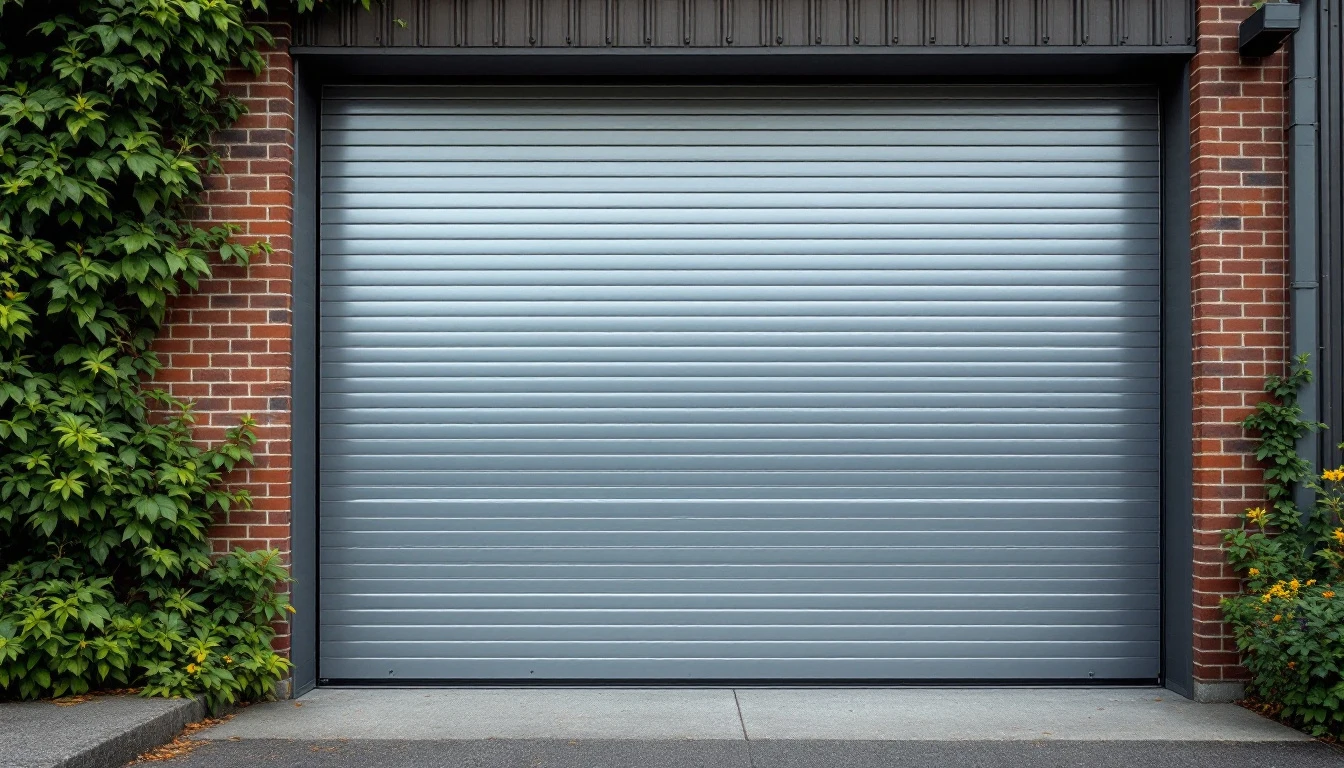 Technician inspecting commercial garage door hardware during late summer maintenance check