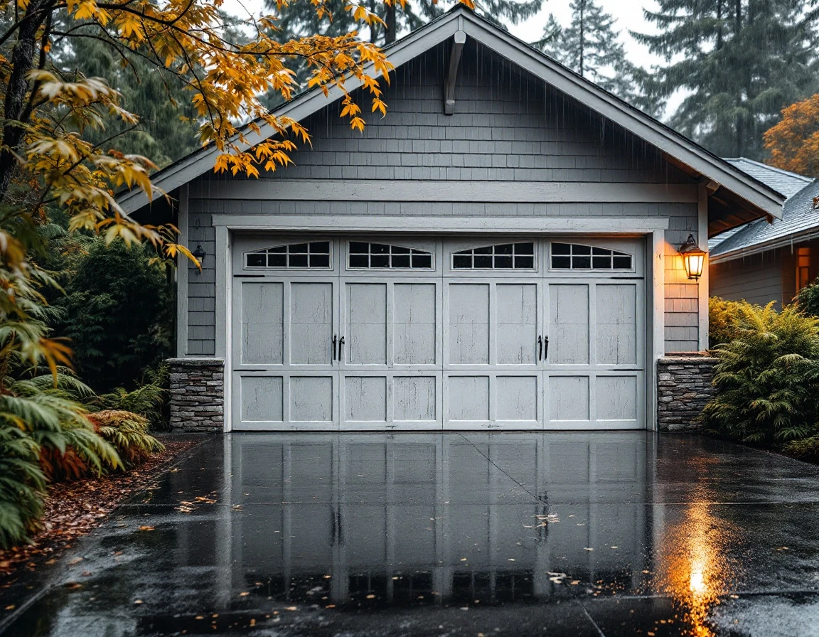Portland residential garage door with moisture damage during October rainy season with wet driveway