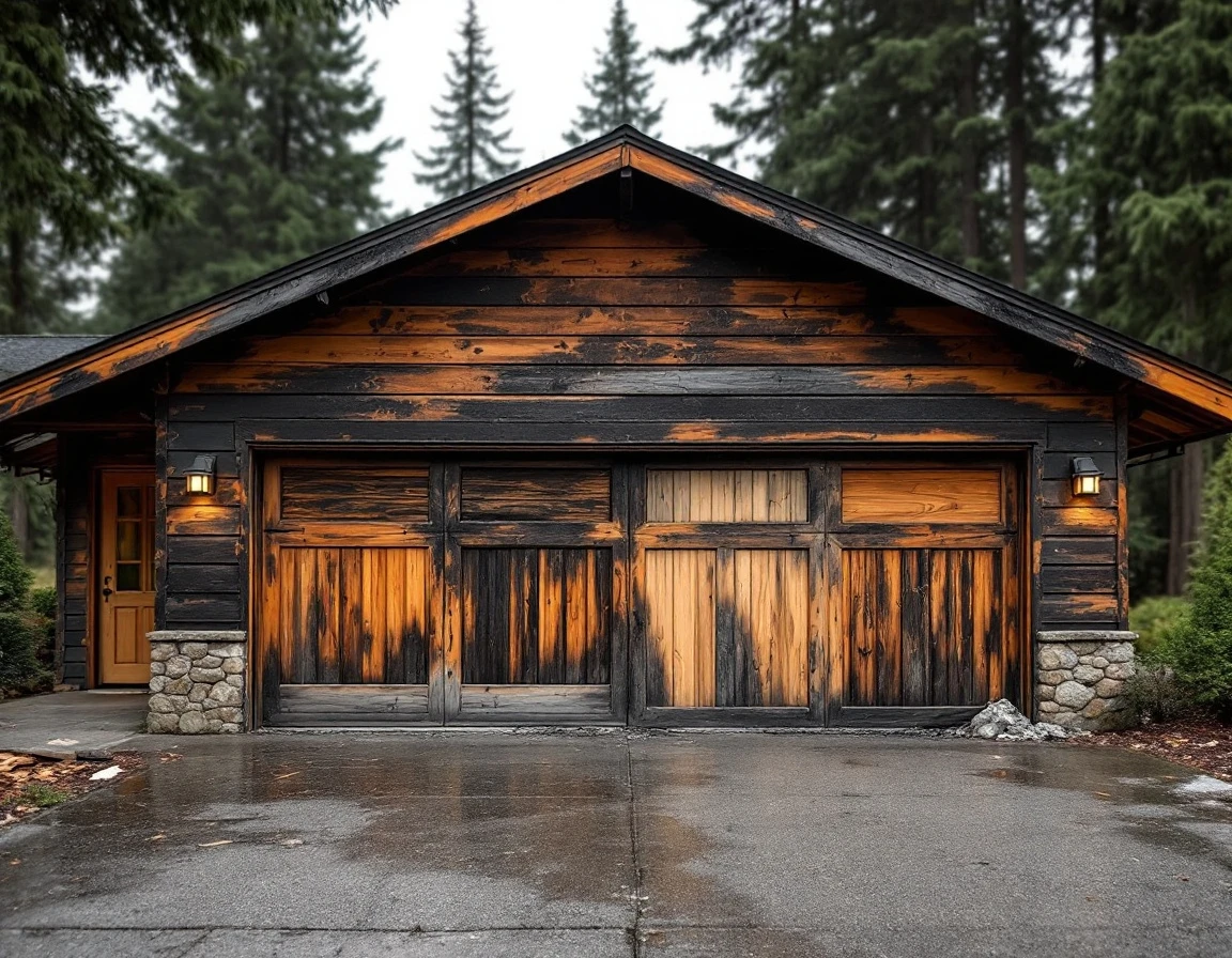 Wildfire-damaged garage door with charred wood, peeling paint, and temporary repair panels in Washington