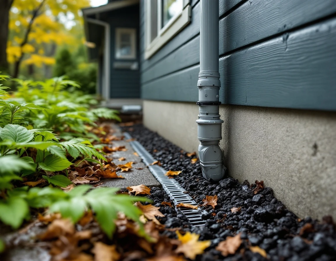 Foundation drainage system with downspouts and French drains on Portland craftsman home before rainy season