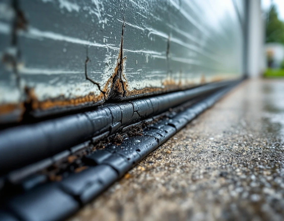 Cracked and deteriorating garage door weather seal with visible gaps allowing water intrusion