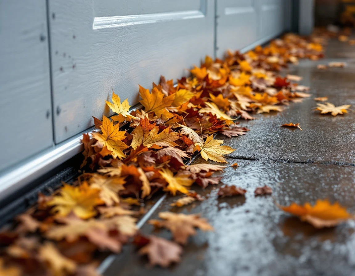 Autumn leaves clogging a residential garage door track with debris buildup along the metal channel