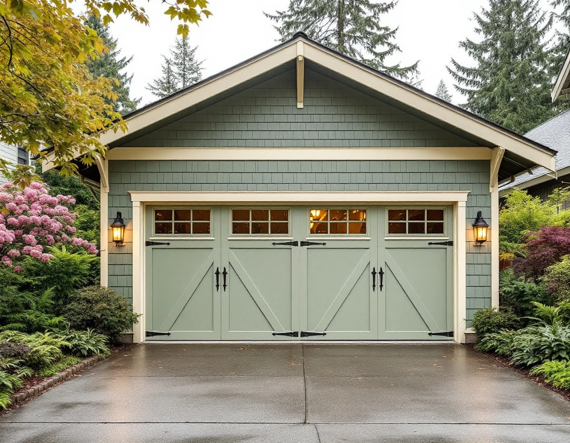 Portland craftsman home with new carriage-style garage door and landscaped driveway