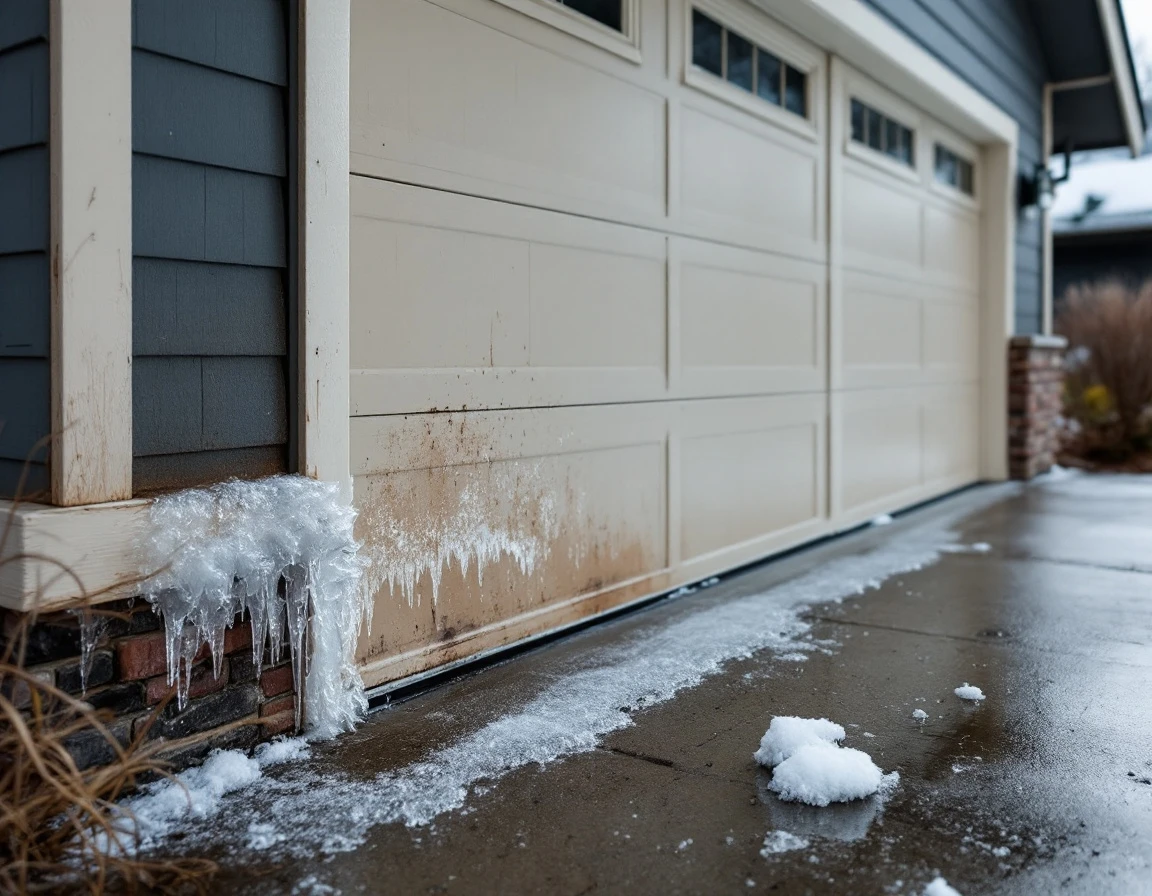 Garage door with ice formation and moisture damage from freeze-thaw cycles in Oregon winter