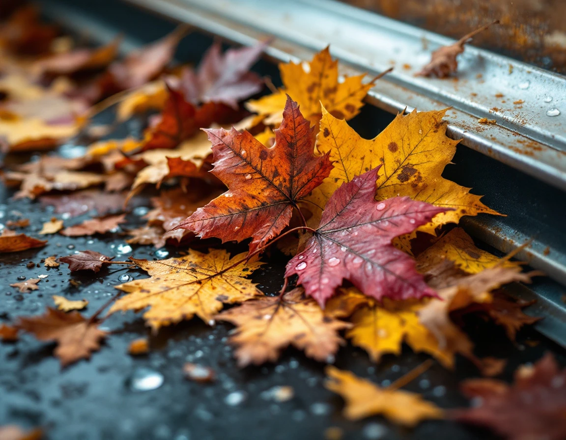 Autumn leaves clogging metal garage door track with water droplets and natural decay patterns