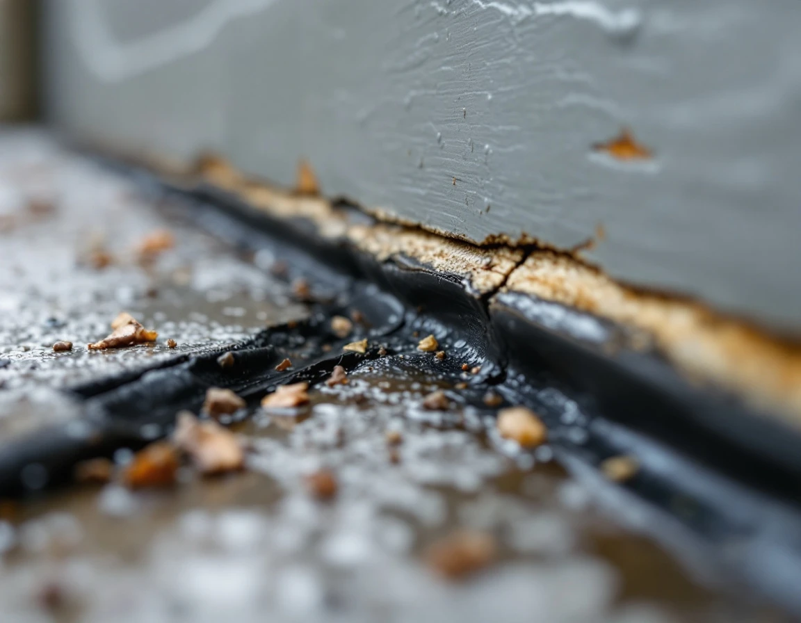 Cracked and deteriorating garage door weather seal with visible gaps allowing water infiltration