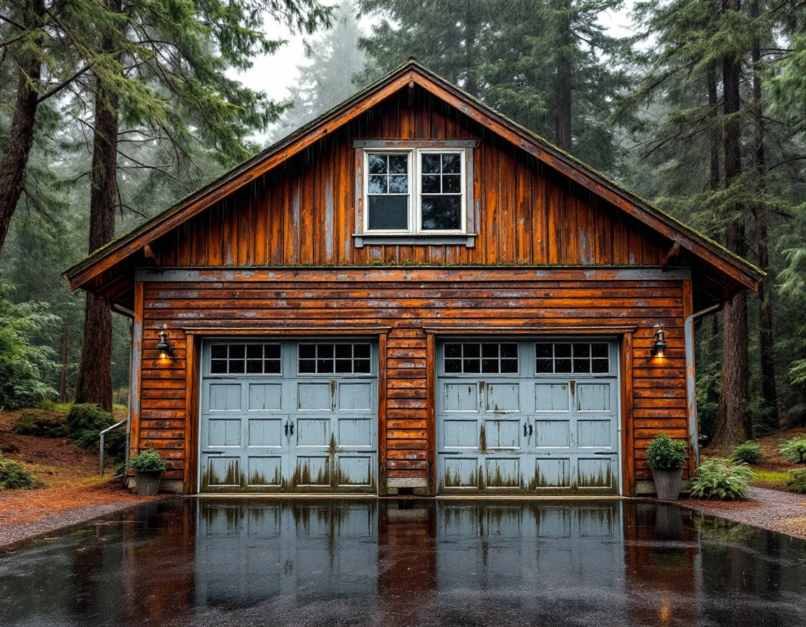 Weathered wood garage in rainy Oregon showing moss growth and water damage from Pacific Northwest climate