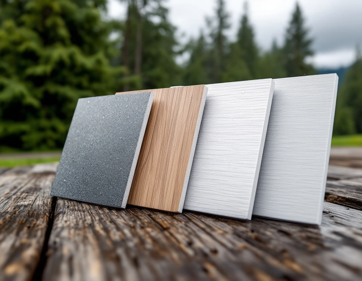 Four garage door material samples—steel, wood, aluminum, and fiberglass—showing moisture response in Pacific Northwest conditions