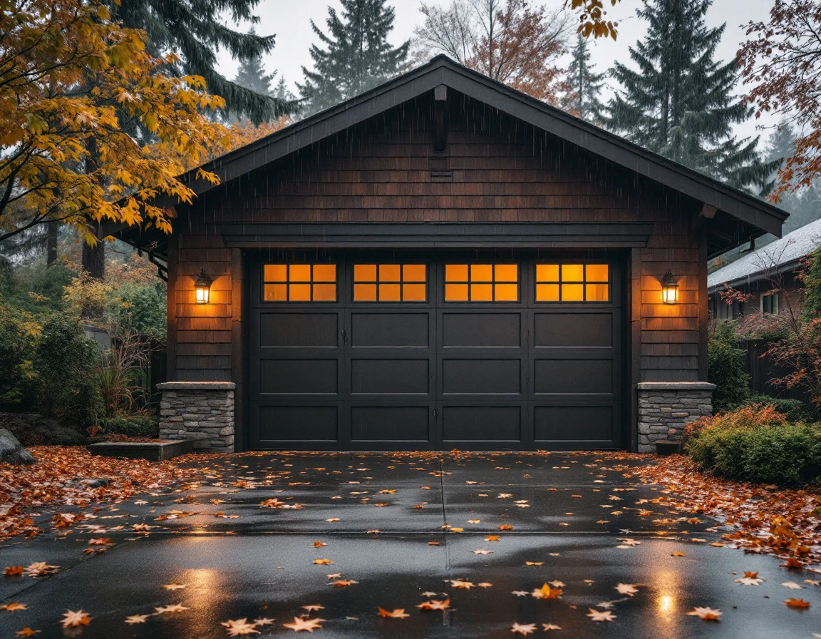 Residential garage with water beading on door during Portland rainy season with wet driveway and fallen leaves
