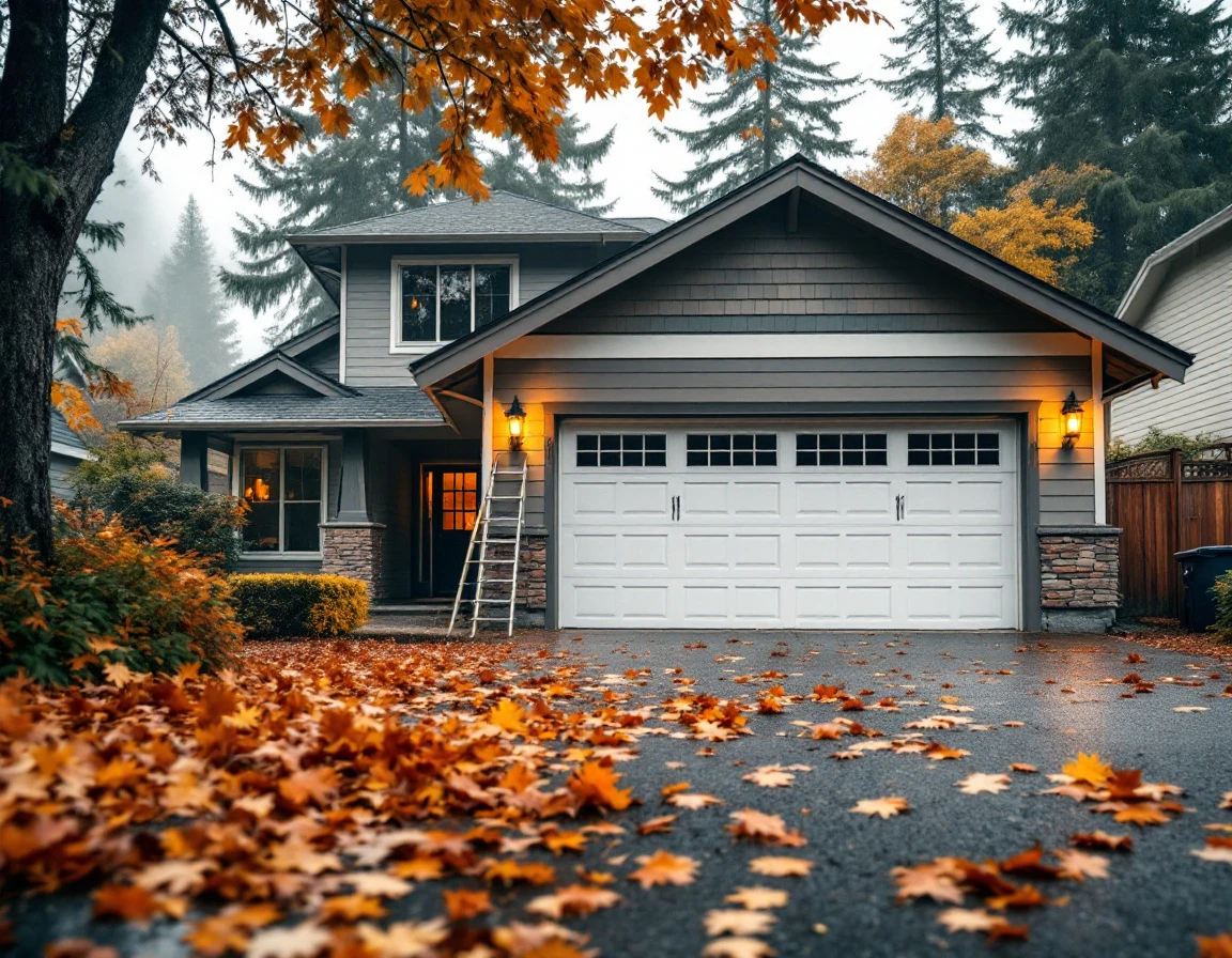 Oregon home garage exterior with autumn leaves on driveway showing seasonal maintenance preparation