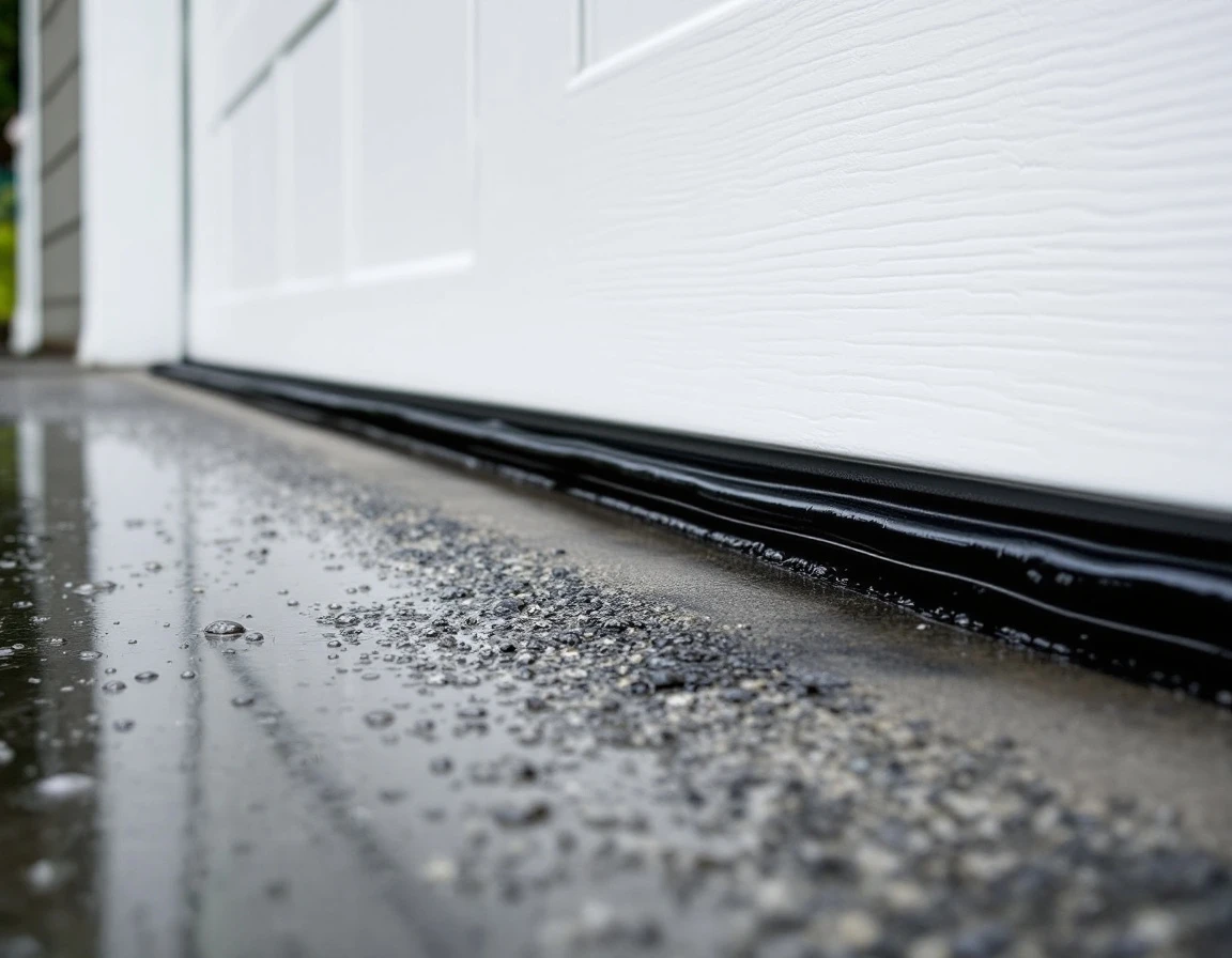Garage door weatherstripping seal compressed against concrete threshold with rainwater beading on surface