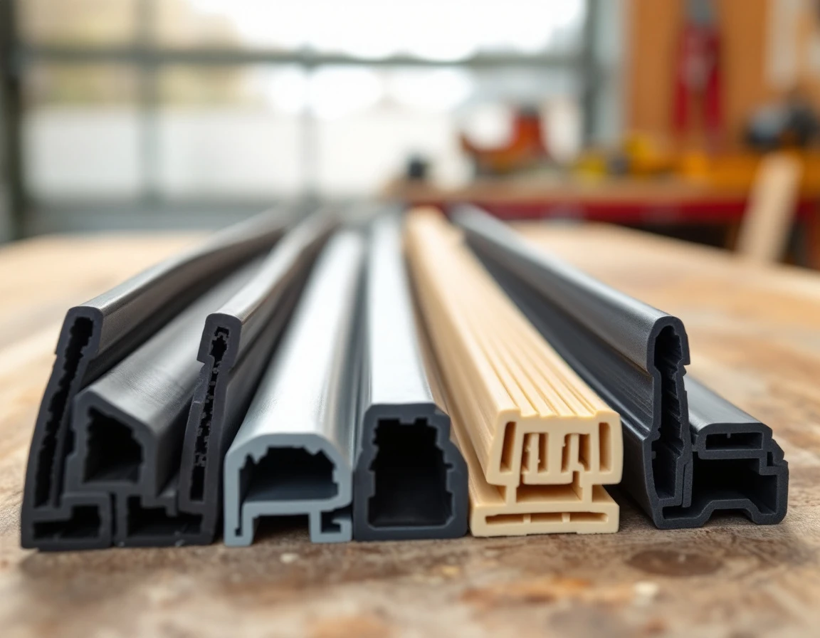 Various rubber weather seal profiles and weatherstripping materials for garage door replacement