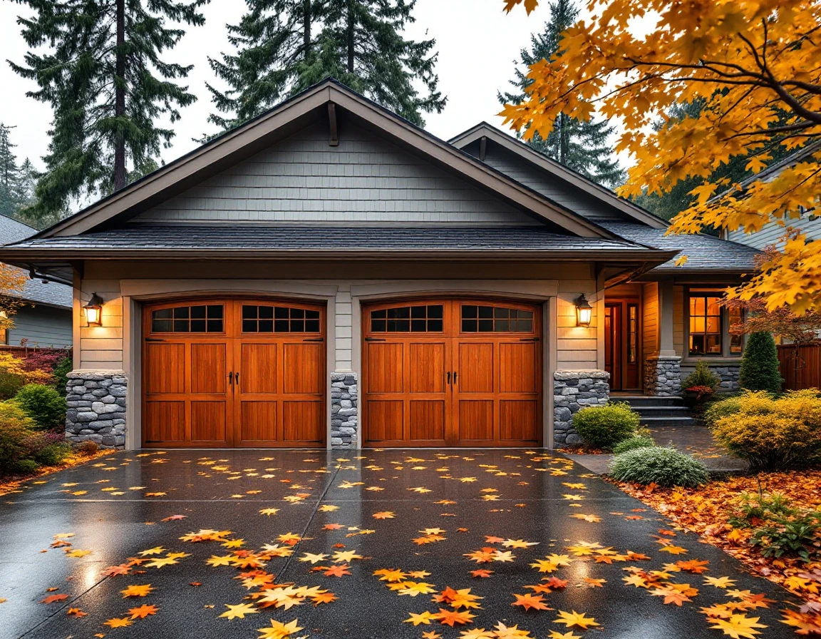 Washington state home exterior with garage doors surrounded by autumn leaves on overcast fall day