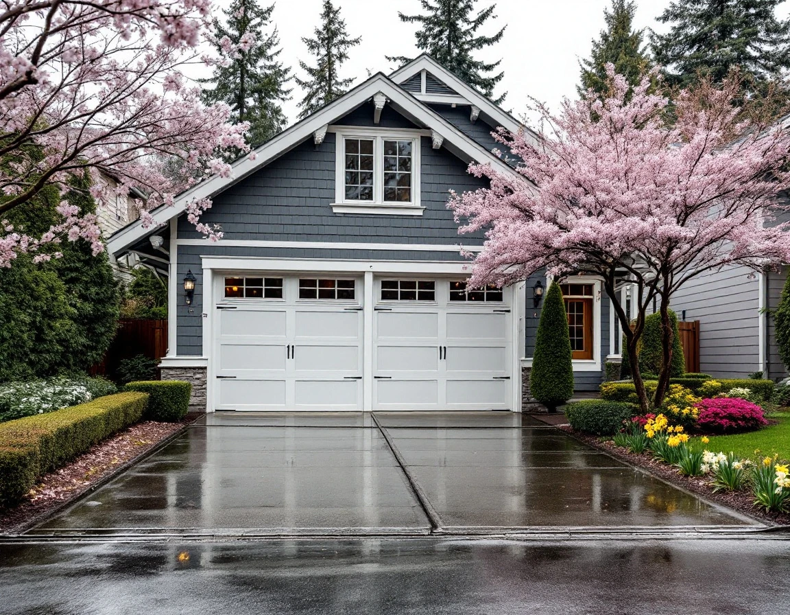 Residential garage door in Portland with spring blooms and wet driveway after rain