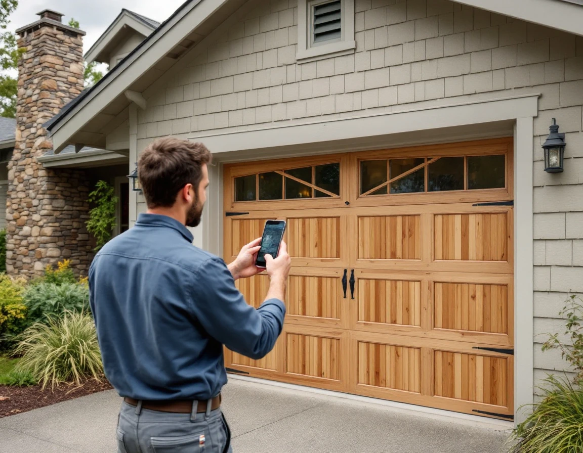 Homeowner documenting garage door condition with smartphone during Portland's dry season