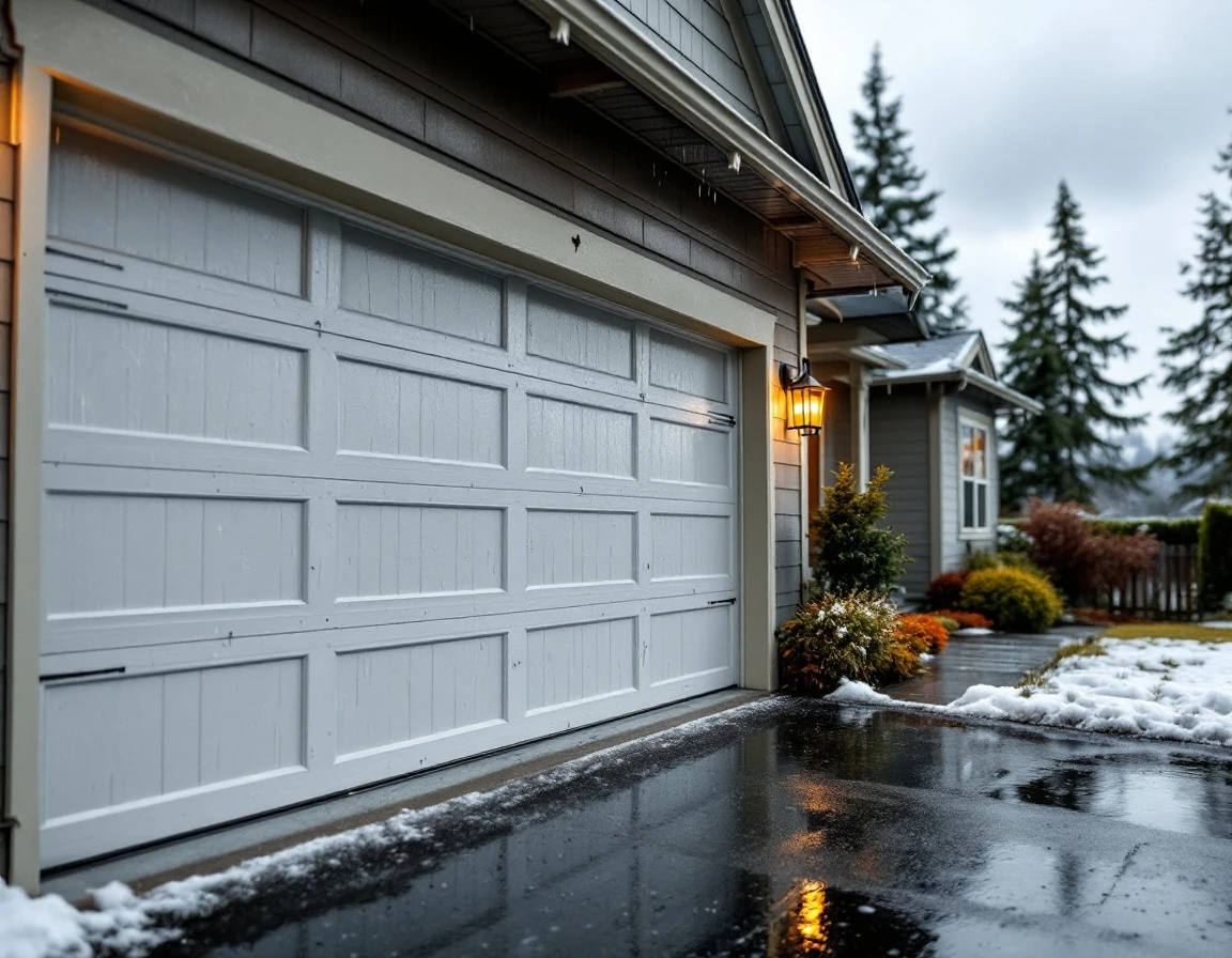 Garage door with moisture accumulation during El Niño storm conditions in Portland Oregon