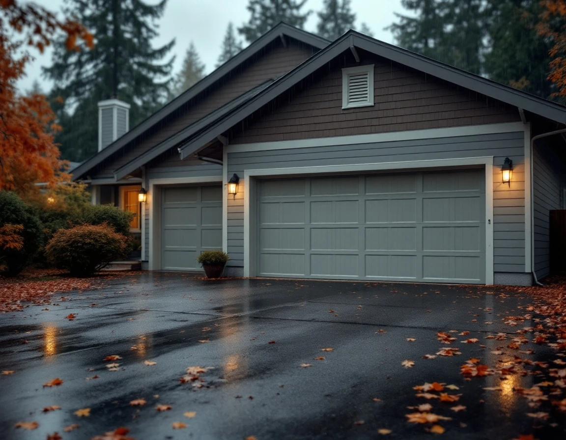 Craftsman garage with weathered door and wet driveway during overcast Oregon autumn with muted fall foliage
