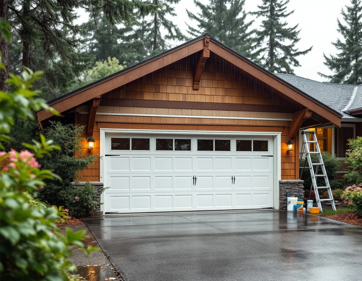 Residential garage door on Pacific Northwest craftsman home with weather stripping and storm preparation supplies