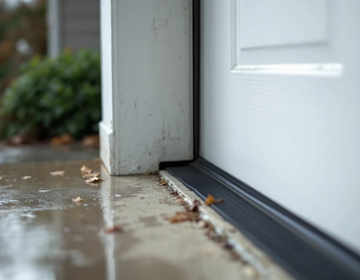 Garage door weatherstripping seal meeting concrete driveway with water droplets from recent rain