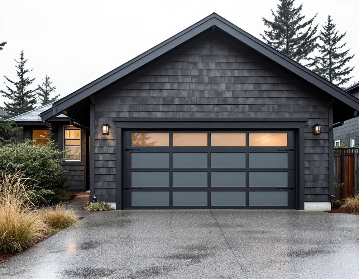 Garage door reinforced with horizontal braces and storm-rated hardware on Oregon coastal home