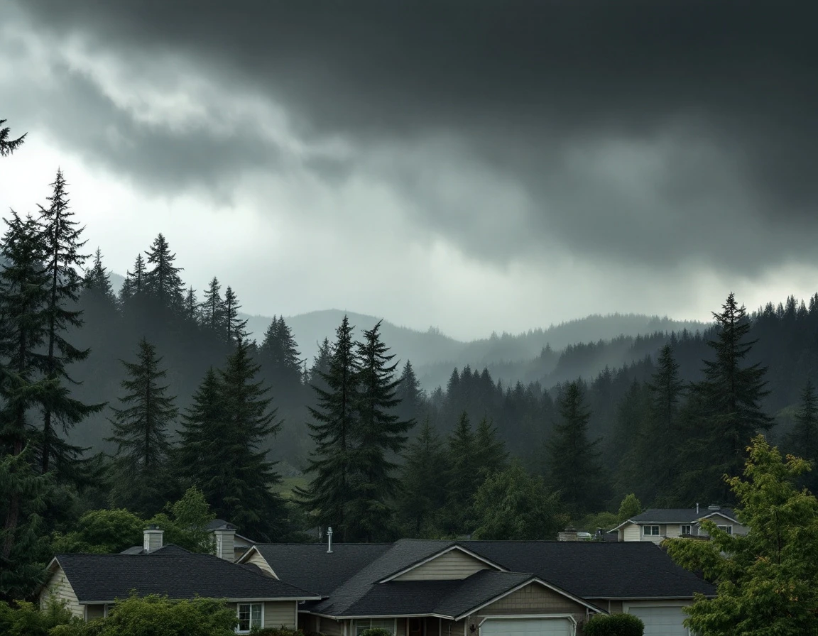 Dark storm clouds approaching Oregon residential neighborhood with strong winds bending trees