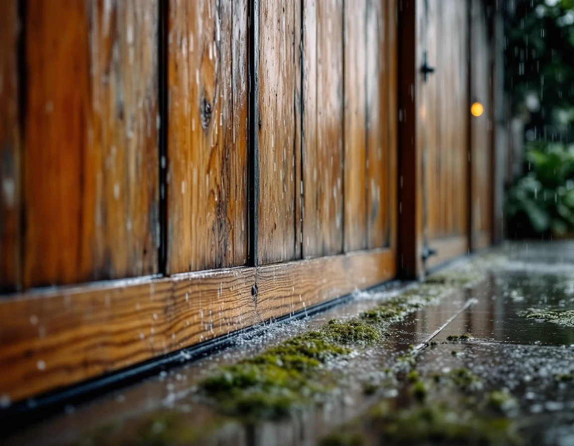 Rainwater streaming down garage door with visible gaps in weatherstripping during Portland rainstorm