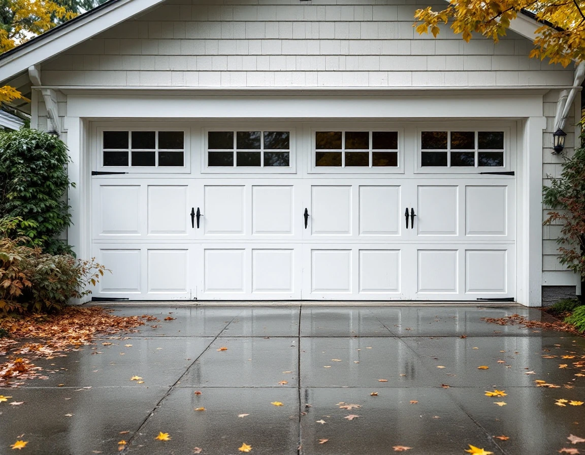 Residential garage door with rain puddles on driveway showing vulnerable water entry points during Portland storms