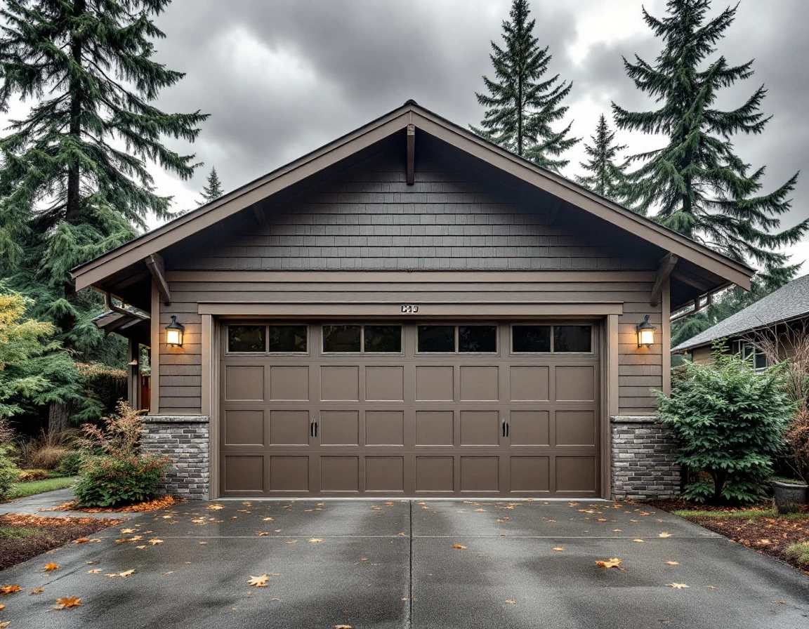 Residential garage door with weather stripping on Oregon craftsman home with autumn leaves and storm clouds