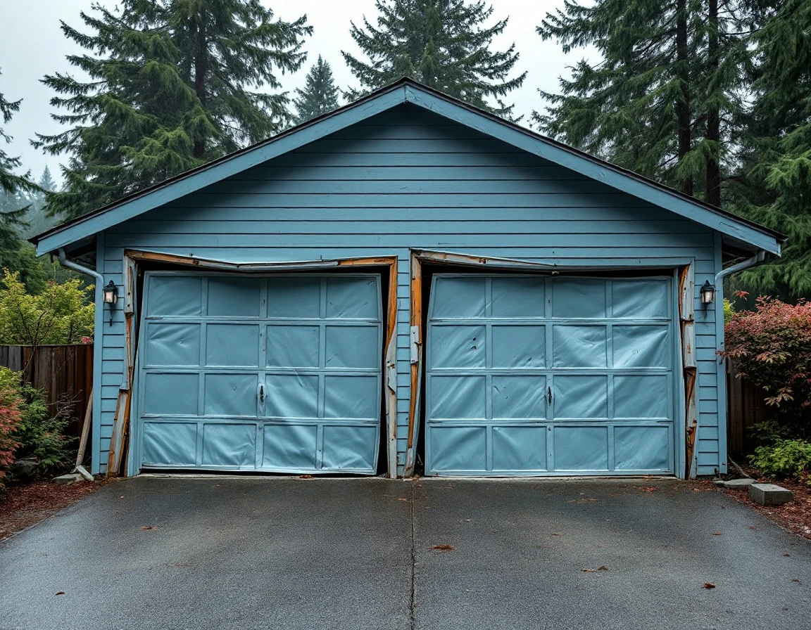Storm-damaged teal garage doors with bent panels and displaced track in Oregon residential setting