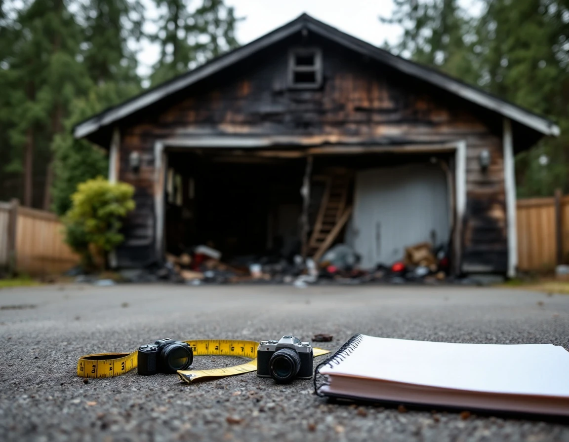 Fire-damaged garage with charred siding and warped door, professional assessment tools in foreground