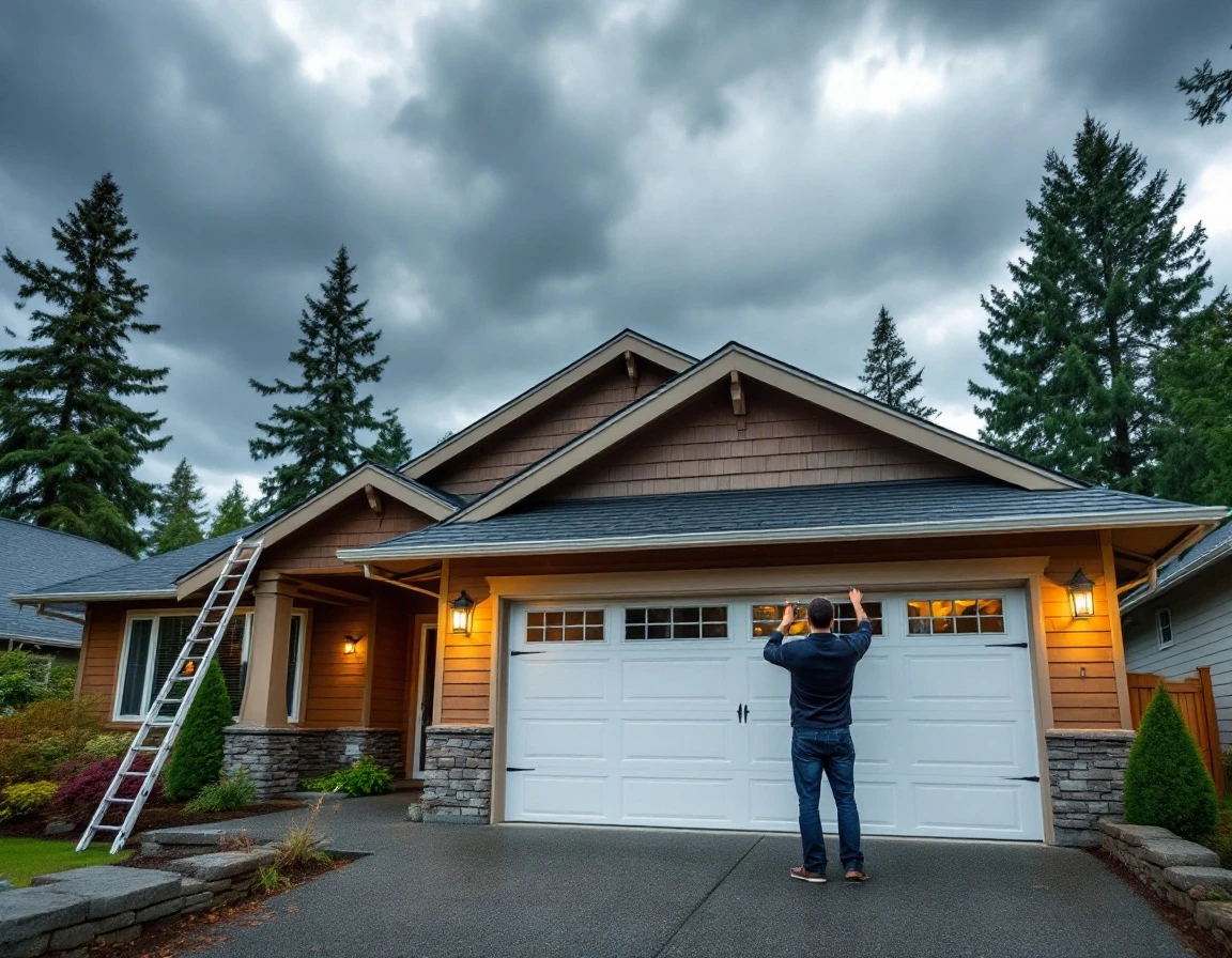 Homeowner inspecting garage door weather sealing under storm clouds at Oregon craftsman home
