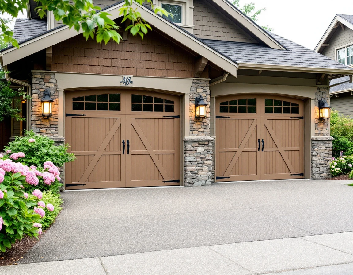 Craftsman-style garage with carriage doors, stone accents, and hydrangea landscaping in Portland metro area