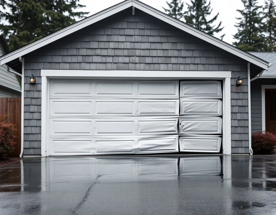 Earthquake-damaged garage door with dented panels, bent frame, and misaligned sections on SW Washington home